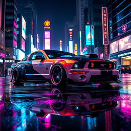 A sleek 2006 Ford Mustang with a widebody design, featuring mismatched body panels and a prominent transmission cooler integrated into the front bumper