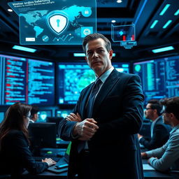 A powerful cyber security leader standing confidently in a futuristic control room filled with high-tech screens displaying code and digital maps, wearing a sharp business suit