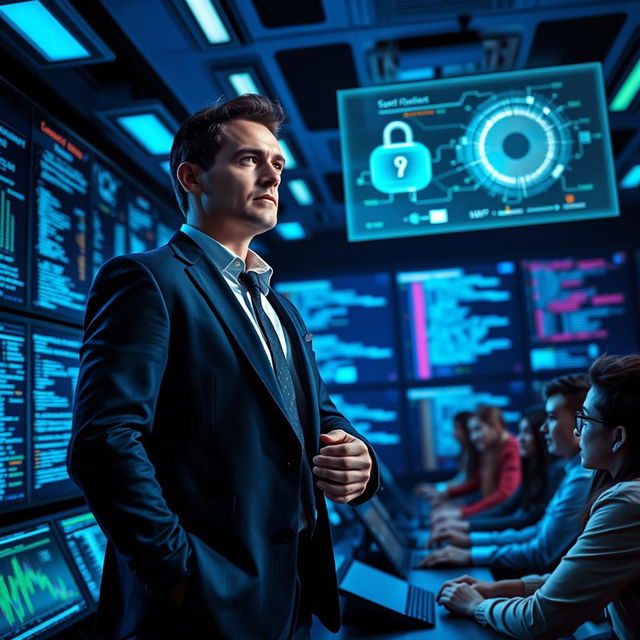 A powerful cyber security leader standing confidently in a futuristic control room filled with high-tech screens displaying code and digital maps, wearing a sharp business suit