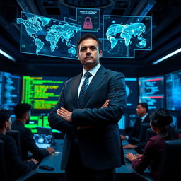 A powerful cyber security leader standing confidently in a futuristic control room filled with high-tech screens displaying code and digital maps, wearing a sharp business suit