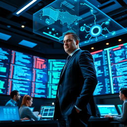 A powerful cyber security leader standing confidently in a futuristic control room filled with high-tech screens displaying code and digital maps, wearing a sharp business suit