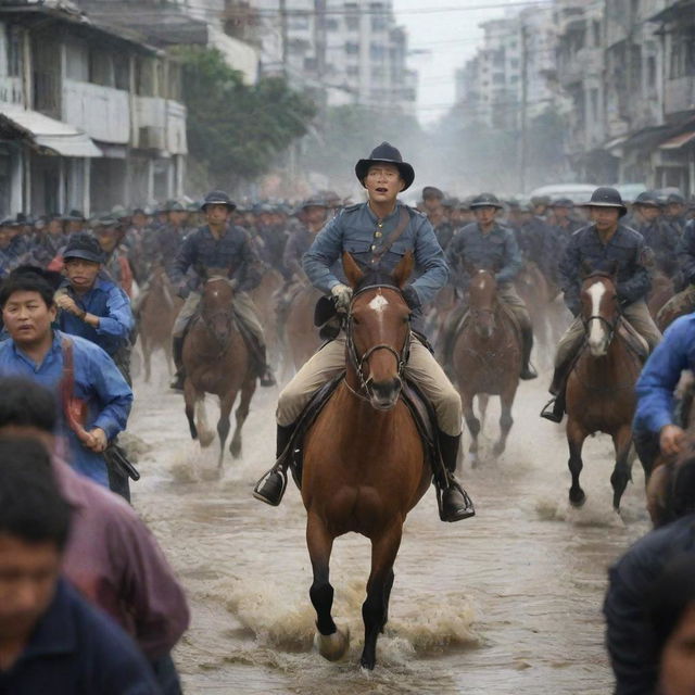 Amid the chaos of the imminent tsunami in the big city, a panicking cavalry unit on horseback tries to gallop away, weaving through the terrified crowd