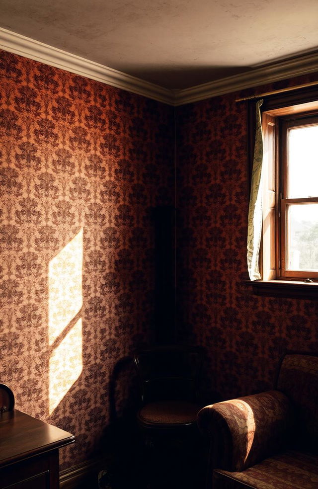 An aged and textured brown wall reflecting the atmosphere of old times, adorned with vintage wallpaper peeling at the edges, soft natural light streaming from a nearby window, showcasing intricate patterns on the wall in a nostalgic setting, accentuated by the shadows and highlights that emphasize the age and character of the wall