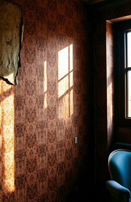 An aged and textured brown wall reflecting the atmosphere of old times, adorned with vintage wallpaper peeling at the edges, soft natural light streaming from a nearby window, showcasing intricate patterns on the wall in a nostalgic setting, accentuated by the shadows and highlights that emphasize the age and character of the wall