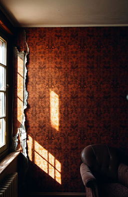 An aged and textured brown wall reflecting the atmosphere of old times, adorned with vintage wallpaper peeling at the edges, soft natural light streaming from a nearby window, showcasing intricate patterns on the wall in a nostalgic setting, accentuated by the shadows and highlights that emphasize the age and character of the wall