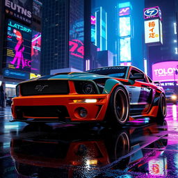 A futuristic 2006 Ford Mustang with widebody fenders, featuring mismatched body panels and a prominent transmission cooler integrated into the front bumper