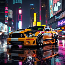A futuristic 2006 Ford Mustang with widebody fenders, featuring mismatched body panels and a prominent transmission cooler integrated into the front bumper