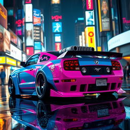 A dynamic depiction of a 2006 Ford Mustang, featuring widebody fenders, mismatched body panels, and a distinct transmission cooler mounted on the front bumper