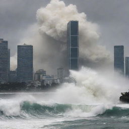 A cataclysmic scene as the massive tsunami wave crashes onto the big city, engulfing the skyscrapers, panicked people, and the fleeing cavalry in roaring, churning sea water