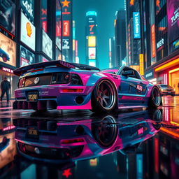 A dynamic depiction of a 2006 Ford Mustang, featuring widebody fenders, mismatched body panels, and a distinct transmission cooler mounted on the front bumper