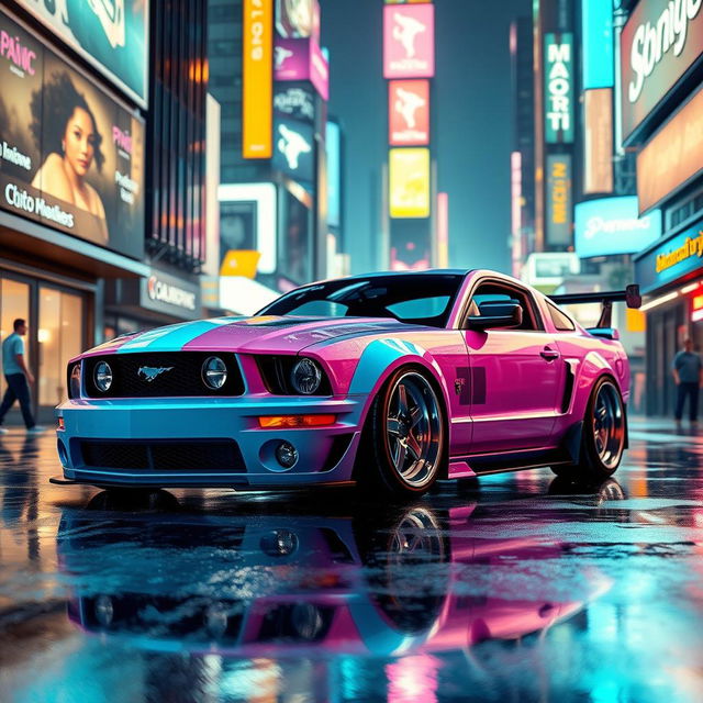 A dynamic depiction of a 2006 Ford Mustang, featuring widebody fenders, mismatched body panels, and a distinct transmission cooler mounted on the front bumper