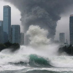 A cataclysmic scene as the massive tsunami wave crashes onto the big city, engulfing the skyscrapers, panicked people, and the fleeing cavalry in roaring, churning sea water