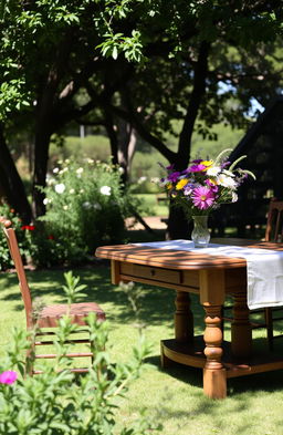 An outdoor scene featuring an old-fashioned, rustic wooden table and chairs, set in a serene garden