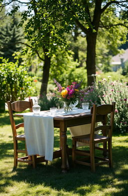 An outdoor scene featuring an old-fashioned, rustic wooden table and chairs, set in a serene garden