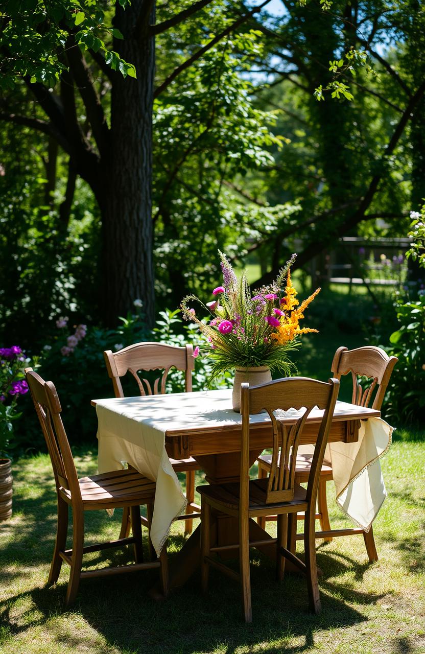 An outdoor scene featuring an old-fashioned, rustic wooden table and chairs, set in a serene garden