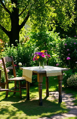 An outdoor scene featuring an old-fashioned, rustic wooden table and chairs, set in a serene garden