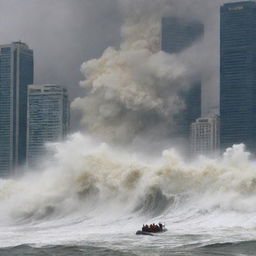 A cataclysmic scene as the massive tsunami wave crashes onto the big city, engulfing the skyscrapers, panicked people, and the fleeing cavalry in roaring, churning sea water