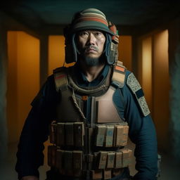 A Hollywood-style kidnapper commander in Mongolian traditional attire, contrasted with a modern bullet-proof vest, presenting a fusion of ancient culture and contemporary danger.