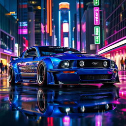A striking blue 2006 Ford Mustang with widebody fenders, featuring mismatched body panels and a distinctive transmission cooler mounted on the front bumper