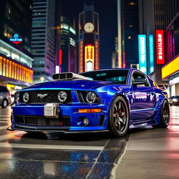 A striking blue 2006 Ford Mustang with widebody fenders, featuring mismatched body panels and a distinctive transmission cooler mounted on the front bumper