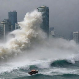 A cataclysmic scene as the massive tsunami wave crashes onto the big city, engulfing the skyscrapers, panicked people, and the fleeing cavalry in roaring, churning sea water