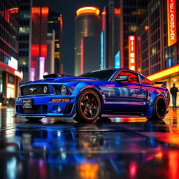 A striking blue 2006 Ford Mustang with widebody fenders, featuring mismatched body panels and a distinctive transmission cooler mounted on the front bumper