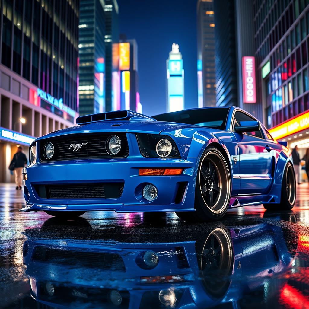 A striking blue 2006 Ford Mustang with widebody fenders, featuring mismatched body panels and a distinctive transmission cooler mounted on the front bumper