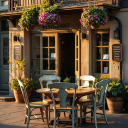 An outdoor dining setup in front of an charming, old-fashioned restaurant