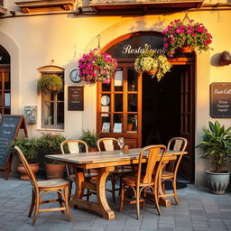 An outdoor dining setup in front of an charming, old-fashioned restaurant