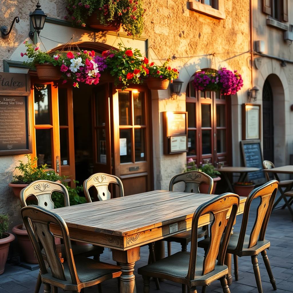 An outdoor dining setup in front of an charming, old-fashioned restaurant