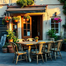 An outdoor dining setup in front of an charming, old-fashioned restaurant