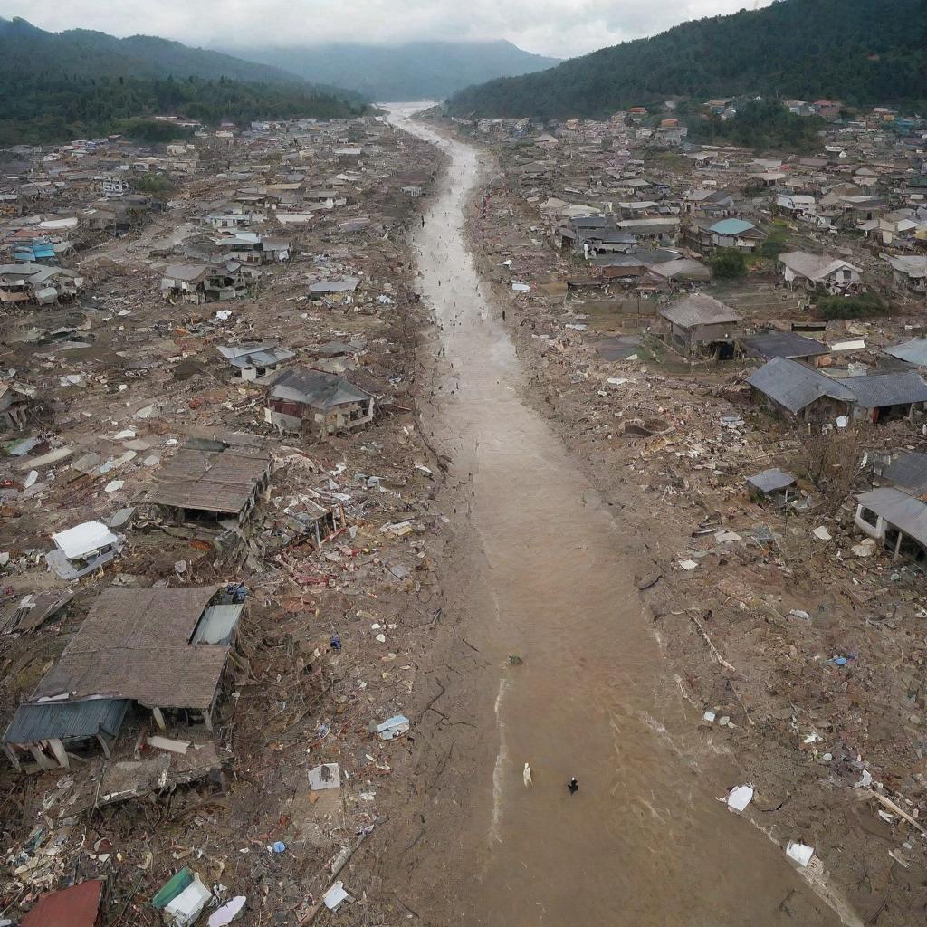 A heart-wrenching scene following the tsunami's impact, with houses in ruins, debris littering the streets, and the tragic reality of many lost lives. A profound visual of chaos and loss