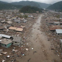 A heart-wrenching scene following the tsunami's impact, with houses in ruins, debris littering the streets, and the tragic reality of many lost lives. A profound visual of chaos and loss