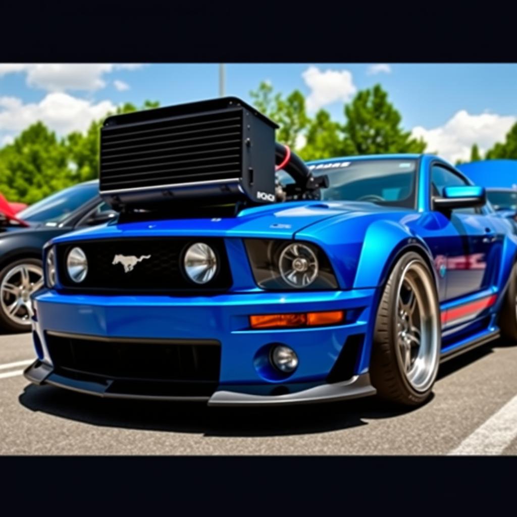 A vibrant blue 2006 Ford Mustang featuring widebody fenders, an aggressive front splitter, mismatched body panels, and a prominent transmission cooler mounted on the front bumper