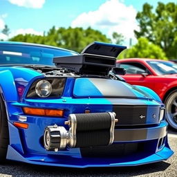 A vibrant blue 2006 Ford Mustang featuring widebody fenders, an aggressive front splitter, mismatched body panels, and a prominent transmission cooler mounted on the front bumper
