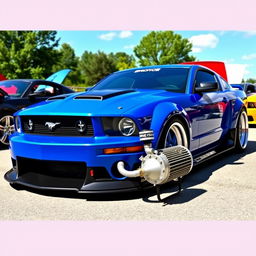A vibrant blue 2006 Ford Mustang featuring widebody fenders, an aggressive front splitter, mismatched body panels, and a prominent transmission cooler mounted on the front bumper