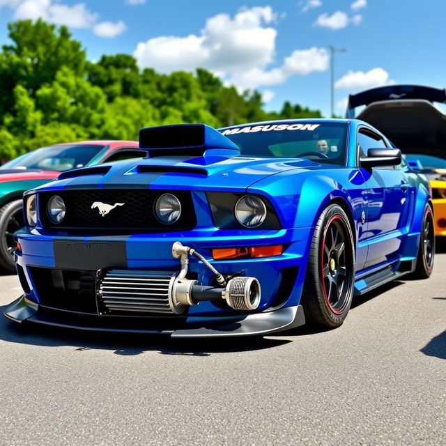 A vibrant blue 2006 Ford Mustang featuring widebody fenders, an aggressive front splitter, mismatched body panels, and a prominent transmission cooler mounted on the front bumper