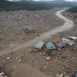 A heart-wrenching scene following the tsunami's impact, with houses in ruins, debris littering the streets, and the tragic reality of many lost lives. A profound visual of chaos and loss