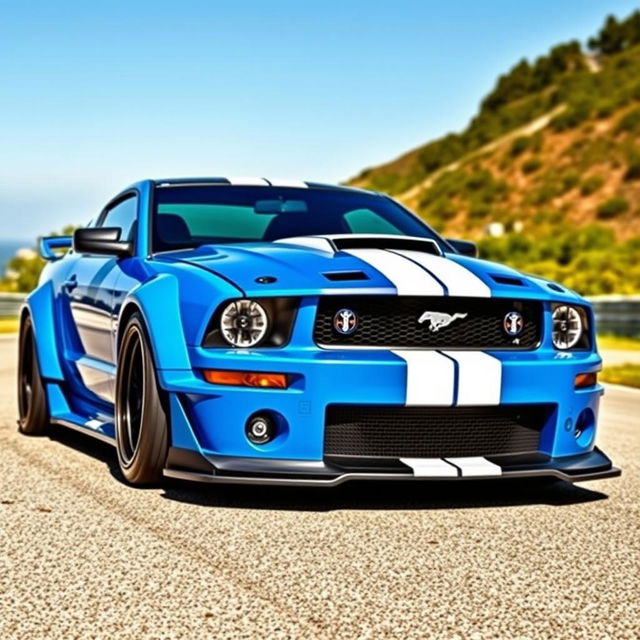 A bold blue 2006 Ford Mustang equipped with widebody fenders, an aggressive front splitter, mismatched body panels, and a prominent transmission cooler