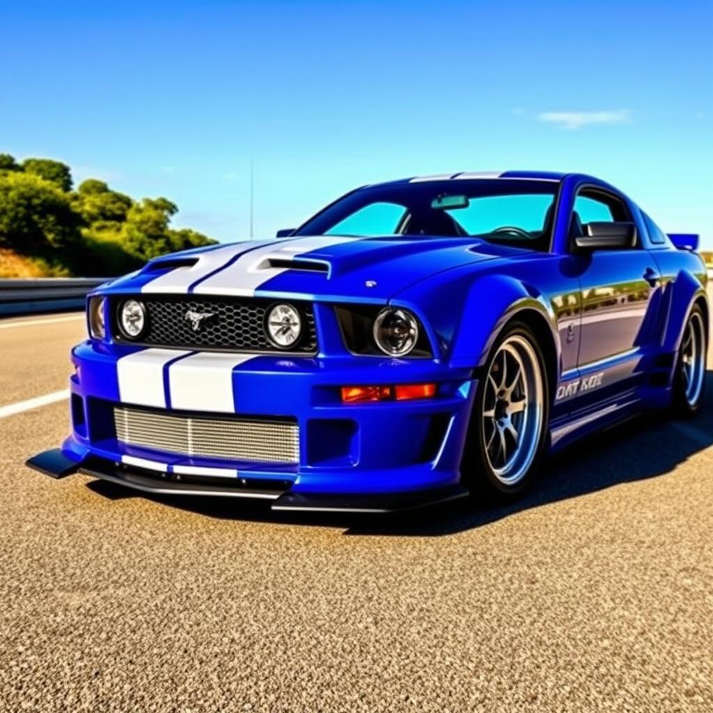 A bold blue 2006 Ford Mustang equipped with widebody fenders, an aggressive front splitter, mismatched body panels, and a prominent transmission cooler