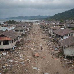 A heart-wrenching scene following the tsunami's impact, with houses in ruins, debris littering the streets, and the tragic reality of many lost lives. A profound visual of chaos and loss