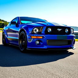 A bold blue 2006 Ford Mustang equipped with widebody fenders, an aggressive front splitter, mismatched body panels, and a prominent transmission cooler