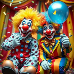 Two colorful clowns, one with a big red nose and blue wig, wearing oversized shoes and a polka-dotted costume, and the other with a yellow frizzy wig, a rainbow-striped suit, holding a balloon, both smiling joyfully in a circus-like setting filled with vibrant colors and confetti falling around them