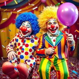 Two colorful clowns, one with a big red nose and blue wig, wearing oversized shoes and a polka-dotted costume, and the other with a yellow frizzy wig, a rainbow-striped suit, holding a balloon, both smiling joyfully in a circus-like setting filled with vibrant colors and confetti falling around them