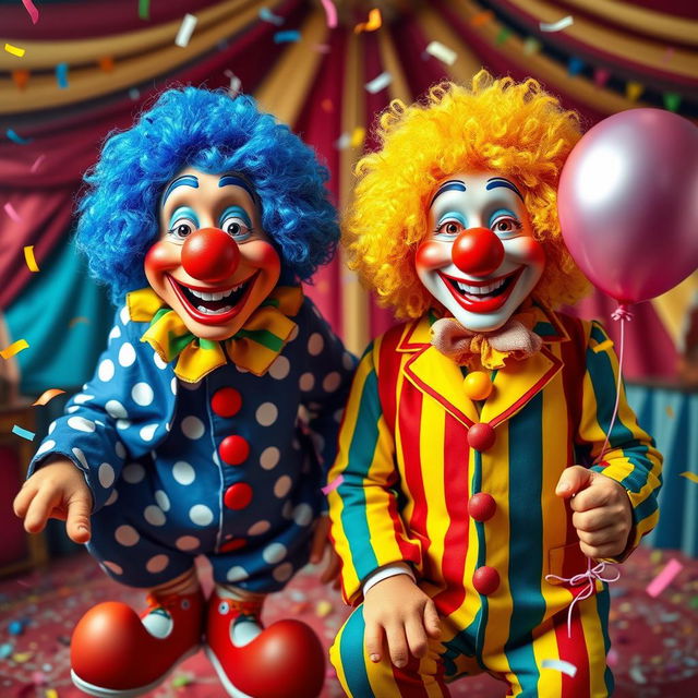 Two colorful clowns, one with a big red nose and blue wig, wearing oversized shoes and a polka-dotted costume, and the other with a yellow frizzy wig, a rainbow-striped suit, holding a balloon, both smiling joyfully in a circus-like setting filled with vibrant colors and confetti falling around them