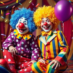 Two colorful clowns, one with a big red nose and blue wig, wearing oversized shoes and a polka-dotted costume, and the other with a yellow frizzy wig, a rainbow-striped suit, holding a balloon, both smiling joyfully in a circus-like setting filled with vibrant colors and confetti falling around them