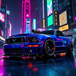 A futuristic blue 2006 Ford Mustang with widebody fenders, an aggressive front splitter, mismatched body panels, and a transmission cooler prominently mounted on the front bumper, all set in a vibrant cyberpunk environment