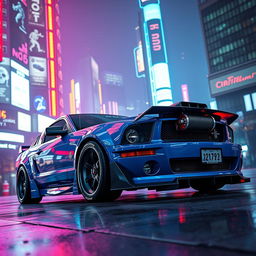 A futuristic blue 2006 Ford Mustang with widebody fenders, an aggressive front splitter, mismatched body panels, and a transmission cooler prominently mounted on the front bumper, all set in a vibrant cyberpunk environment