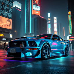 A futuristic blue 2006 Ford Mustang with widebody fenders, an aggressive front splitter, mismatched body panels, and a transmission cooler prominently mounted on the front bumper, all set in a vibrant cyberpunk environment