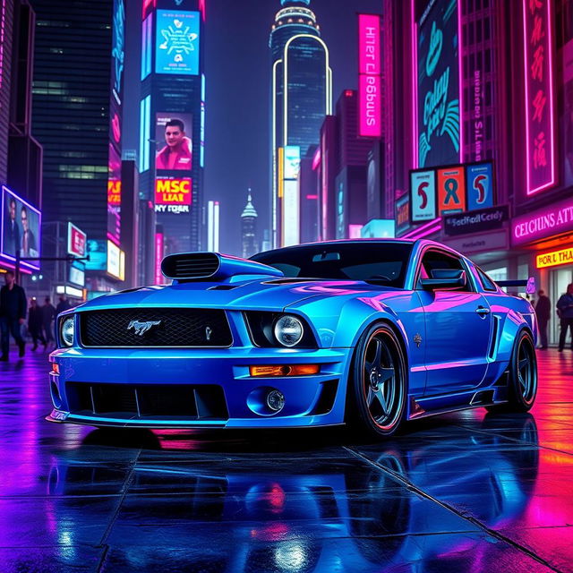 A futuristic blue 2006 Ford Mustang with widebody fenders, an aggressive front splitter, mismatched body panels, and a transmission cooler prominently mounted on the front bumper, all set in a vibrant cyberpunk environment